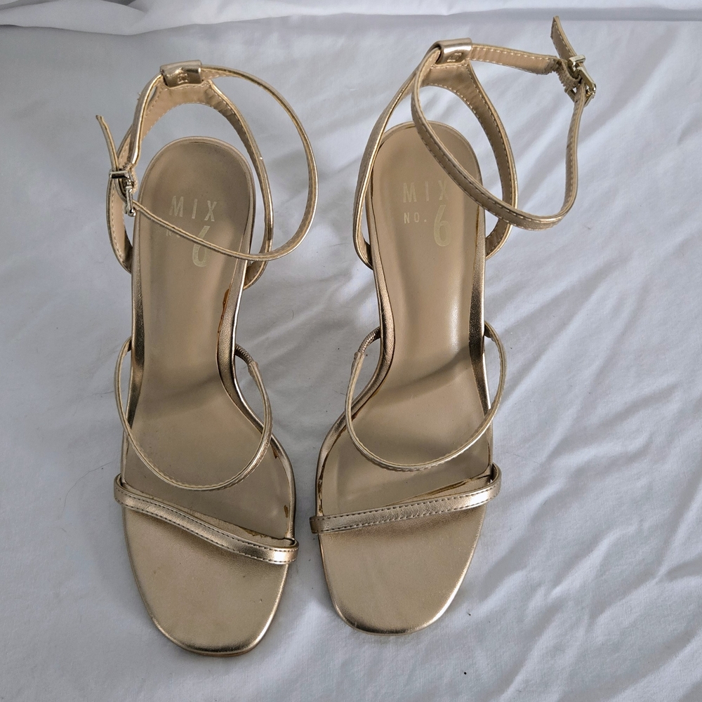 Mix No. 6 Metallic Gold Strappy Block Heel Sandals - Picture 2 of 13